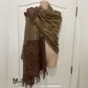 Brown Tan Burgundy Tapestry Brocade Pattern Delicate Wool Pashmina Wrap Scarf